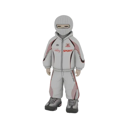 Стилизованная 3D-модель гонщика в бело-красном костюме, шлеме и кроссовках на черном фоне.