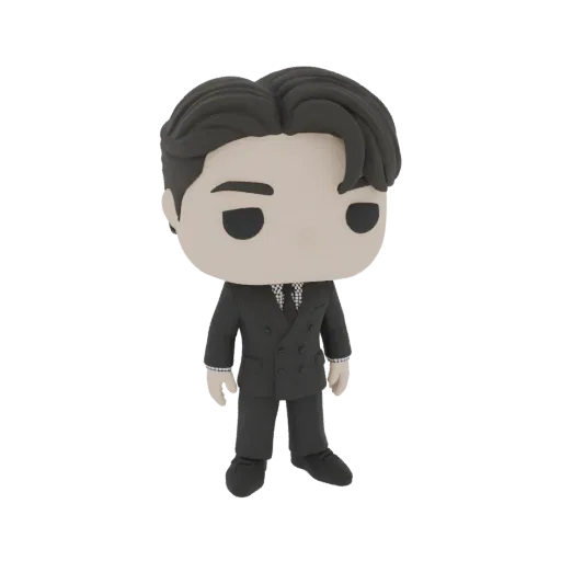 3D модель элегантного джентльмена в черном костюме, в стиле фигурки Funko Pop, с большой головой и упрощенными чертами.