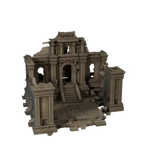 Низкополигональная 3D-модель двора древнего храма, вид с трех четвертей в игровом окне, показывающий старый камень, построенн