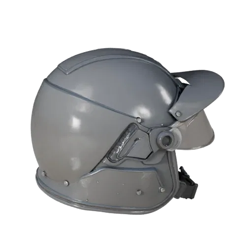 Печатаемая 3D-модель шлема Riot Rescue, изометрический STL-рендер с прозрачными щитками, защитный силуэт.