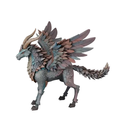 Низкополигональная 3D-модель Пегаса, вид сбоку в игровом ракурсе, низкополигональный ассет животного со смешением фэнтезийной