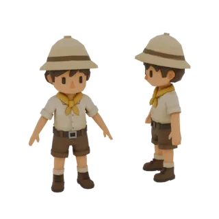 3D модель мультяшного мальчика-исследователя в шляпе сафари, с желтым шарфом и коричневыми шортами, вид спереди и сбоку.