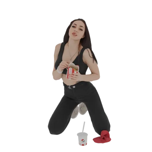 3D модель девушки на корточках, держащей коробку фастфуда, с напитком и красной тканью на полу.