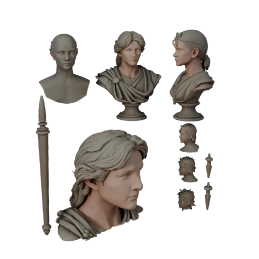 Предварительный просмотр модульного набора 3D-модели бюста классического существа, показывающий плоскости лица, вид сверху дл
