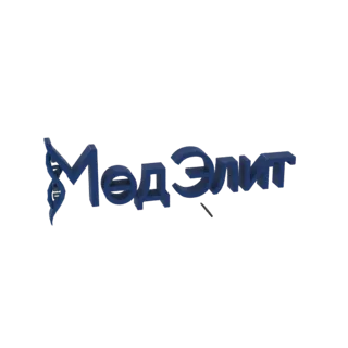 3D render of the Cyrillic text 'MedElit' in blue, with a blue DNA helix graphic to its left.