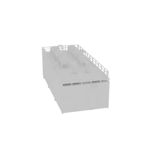 Белая 3D модель промышленного кондиционера с оборудованием на крыше и вентиляционными решетками, показанная на белом фоне.