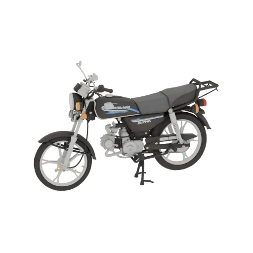 3D модель черного мотоцикла Motorland Alpha с белыми колесами и серым сиденьем, вид сбоку.