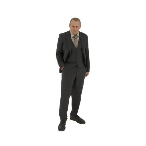 3D модель мужчины в темном костюме, стоящего с рукой в кармане, смотрящего на зрителя.