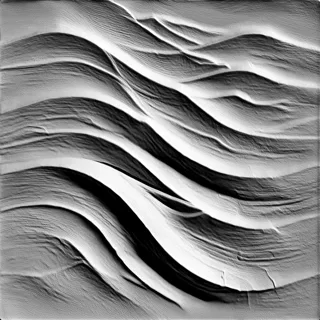 3D модель абстрактного рельефа, имитирующего песчаные дюны с плавными изгибами и тенями.