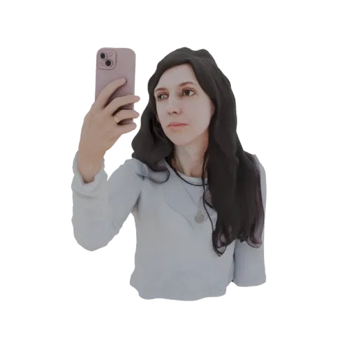 3D модель девушки с длинными темными волосами, держащей розовый смартфон для селфи, в голубом топе.