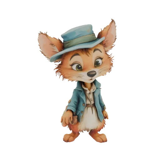 3D модель милого лиса в синей шляпе и куртке, с большими ушами и зелеными глазами.