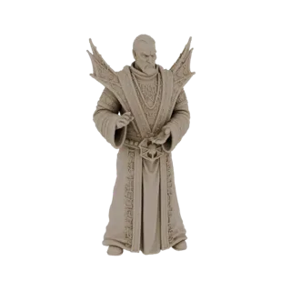 3D модель мистического колдуна с суровым выражением лица, в богато украшенных одеждах и с геометрическим амулетом, стоящего с