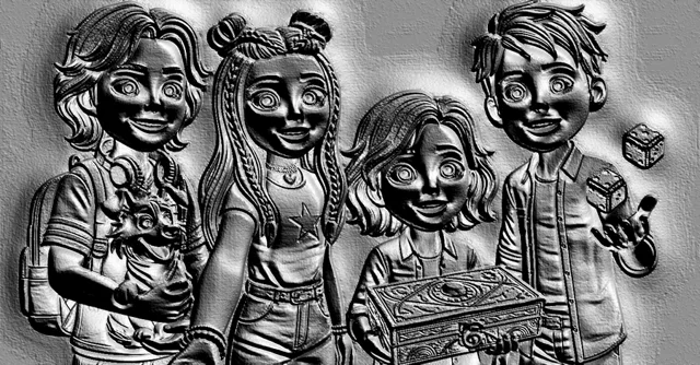 3D-модель барельефа с четырьмя детьми, держащими старинный сундук, с кубиками на заднем плане.