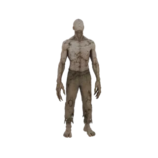 3D-модель худощавой фигуры нежити со скелетными чертами и рваными штанами, стоящая на белом фоне.
