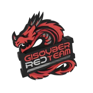 3D-рендер стилизованного красно-черного логотипа головы дракона с текстом 'GISYBER RED TEAM'.