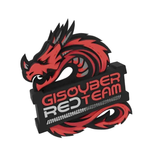 3D-рендер стилизованного красно-черного логотипа головы дракона с текстом 'GISYBER RED TEAM'.