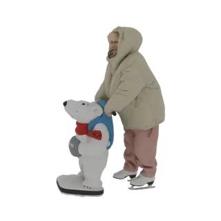 3D модель ребенка в бежевом пуховике и на коньках, толкающего белого медведя-помощника для катания на коньках с красным шарфо