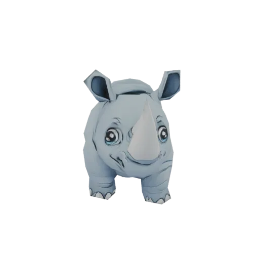 3D рендер милого, стилизованного детеныша носорога с большими глазами и сине-серой окраской, стоящего на белом фоне.