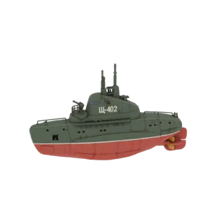 3D модель советской подводной лодки Щ-402, окрашенная в зеленый и красный цвета, с рубкой и видимой маркировкой.
