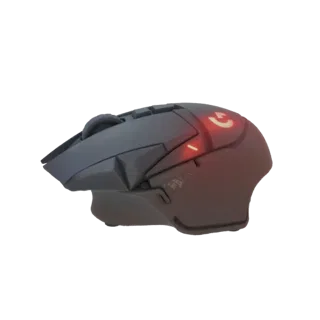 3D модель черной беспроводной игровой мыши Logitech G PRO X Superlight, вид сбоку с видимым колесиком прокрутки и логотипом.