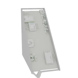 3D-рендер современной офисной сцены с столом, двумя стульями и растением, вид сверху.