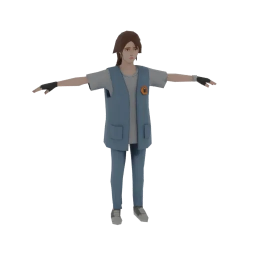 3D модель девушки с каштановыми волосами в синем жилете, серой рубашке и синих брюках, в T-pose.