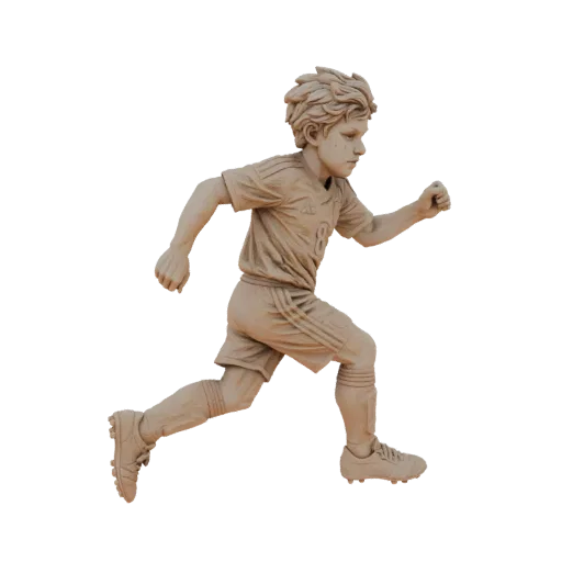 3D модель юного мальчика в футбольной форме, запечатленная в динамичной позе бега с текстурой, похожей на глину.