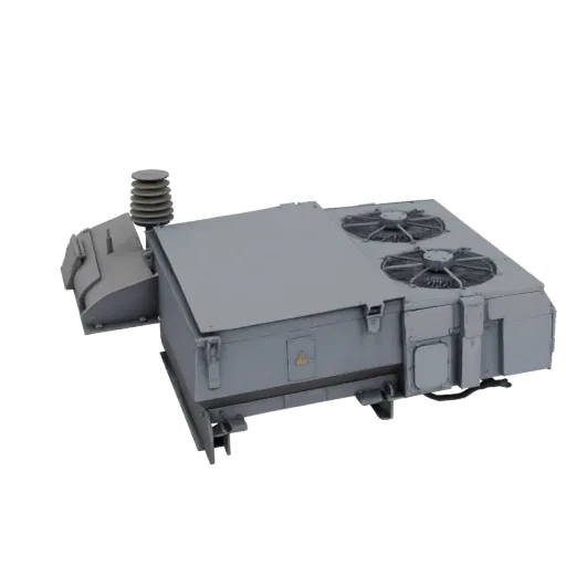 3D модель серого промышленного трансформатора с двумя большими вентиляторами охлаждения сверху и электрическими изоляторами с