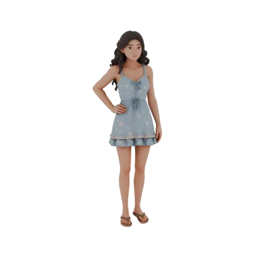 3D модель девушки в голубом домашнем платье с цветами и шлепанцах, с длинными темными волосами.