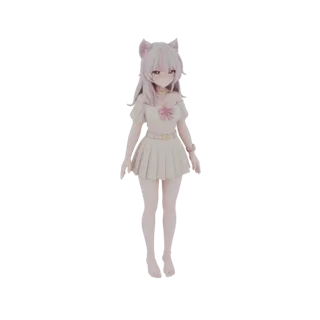 3D модель милой аниме кошкодевочки с розовыми волосами, кошачьими ушками, в топе с открытыми плечами и плиссированной юбке, с