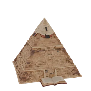 3D модель египетской пирамиды с раскрытой книгой у основания, выполненная в реалистичном стиле.