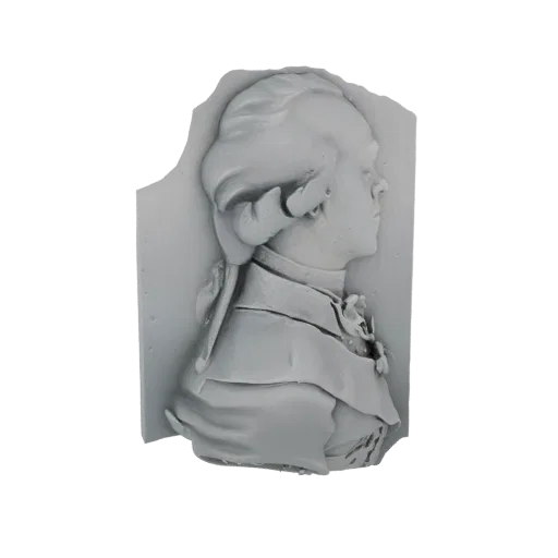 3D модель бюста мужчины XVIII века в профиль, с пышным париком и формальной одеждой.