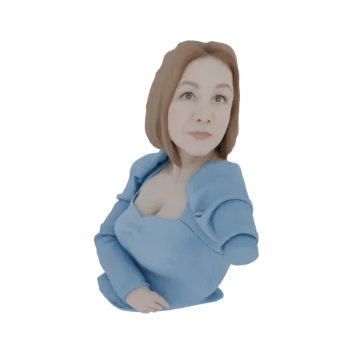 Рендер 3D модели бюста женщины в текстурированном синем платье, с короткими каштановыми волосами и нежным выражением лица.