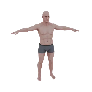 3D-рендер мужской базовой сетки человека в T-позе, с вытянутыми руками и слегка разведенными ногами, на белом фоне.