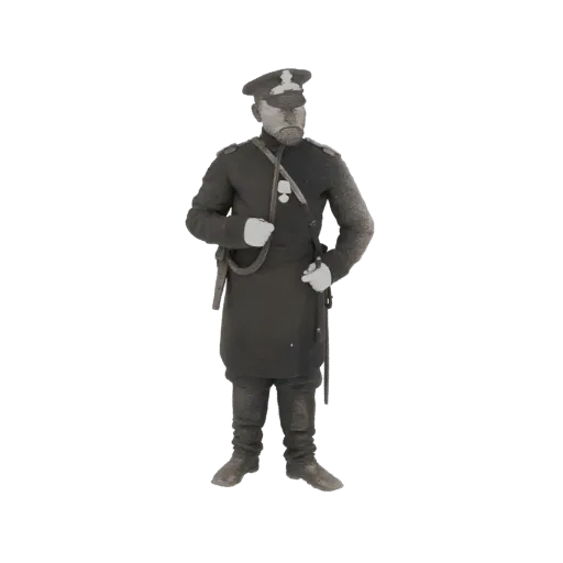 Рендер 3D модели генерала викторианской эпохи в униформе, стоящего по стойке смирно с саблей.