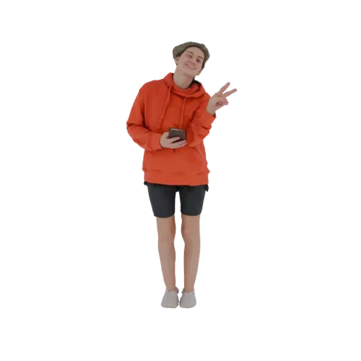 3D модель молодого человека в оранжевой толстовке и темных шортах, держащего смартфон и показывающего знак мира правой рукой.