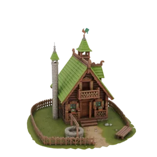 3D модель традиционного русского народного дома с зеленой крышей, колодцем и деревянным забором на белом фоне.