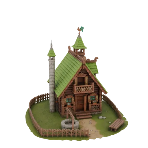 3D модель традиционного русского народного дома с зеленой крышей, колодцем и деревянным забором на белом фоне.