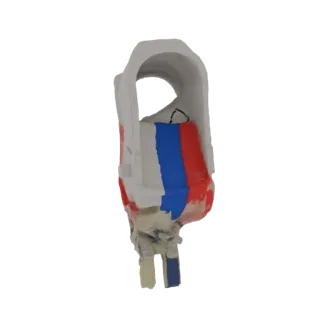 3D model of an abstract prosthetic leg with red, white, and blue stripes, set against a white background.