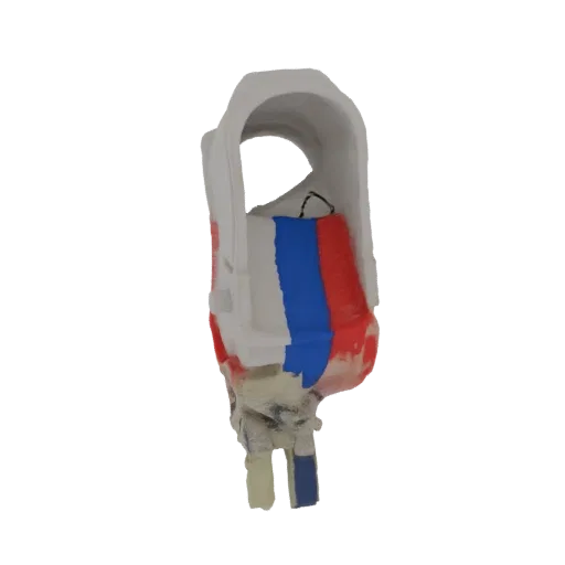3D model of an abstract prosthetic leg with red, white, and blue stripes, set against a white background.