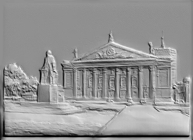 3D модель барельефа с монументом и зданием в классическом стиле, вид спереди