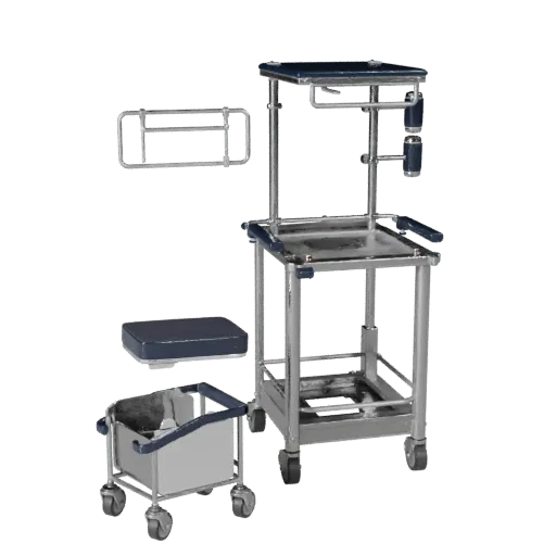 Стилизованная 3D-модель медицинской тележки для клиники, стилизованный изометрический рендер, демонстрирующий окрашенный мета
