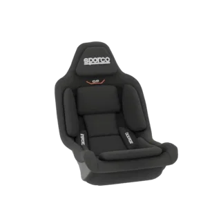 3D-рендер черного гоночного сиденья Sparco с логотипом Sparco на подголовнике на белом фоне.