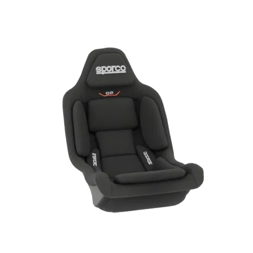 3D-рендер черного гоночного сиденья Sparco с логотипом Sparco на подголовнике на белом фоне.
