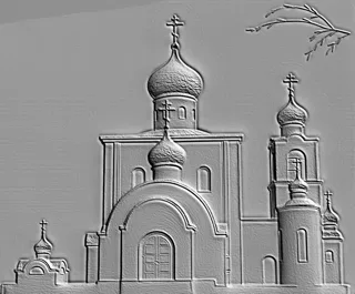3D модель барельефа православной церкви с золотыми куполами и крестами, выполненная в реалистичном стиле.