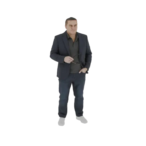 3D модель мужчины в темном костюме и серой рубашке, держащего очки, одна рука в кармане.