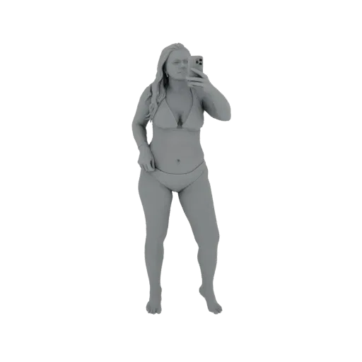 3D модель женщины в бикини, держащей смартфон и делающей селфи, вид спереди.