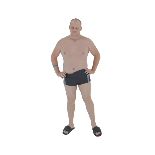 3D модель лысого мужчины в темных плавках, стоящего с руками на бедрах, на белом фоне.