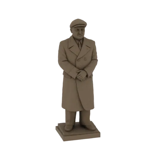 3D модель мужчины в коричневом пальто и кепке, стоящего на постаменте.