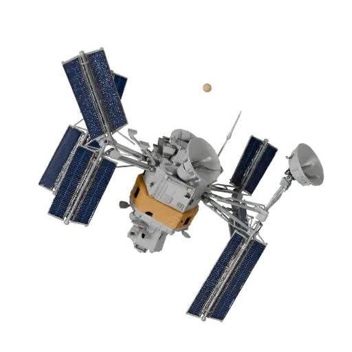 3D-модель Навигационного космического зонда, вид спереди в три четверти, вьюпорт Unity, показывающий солнечные панели, силуэт